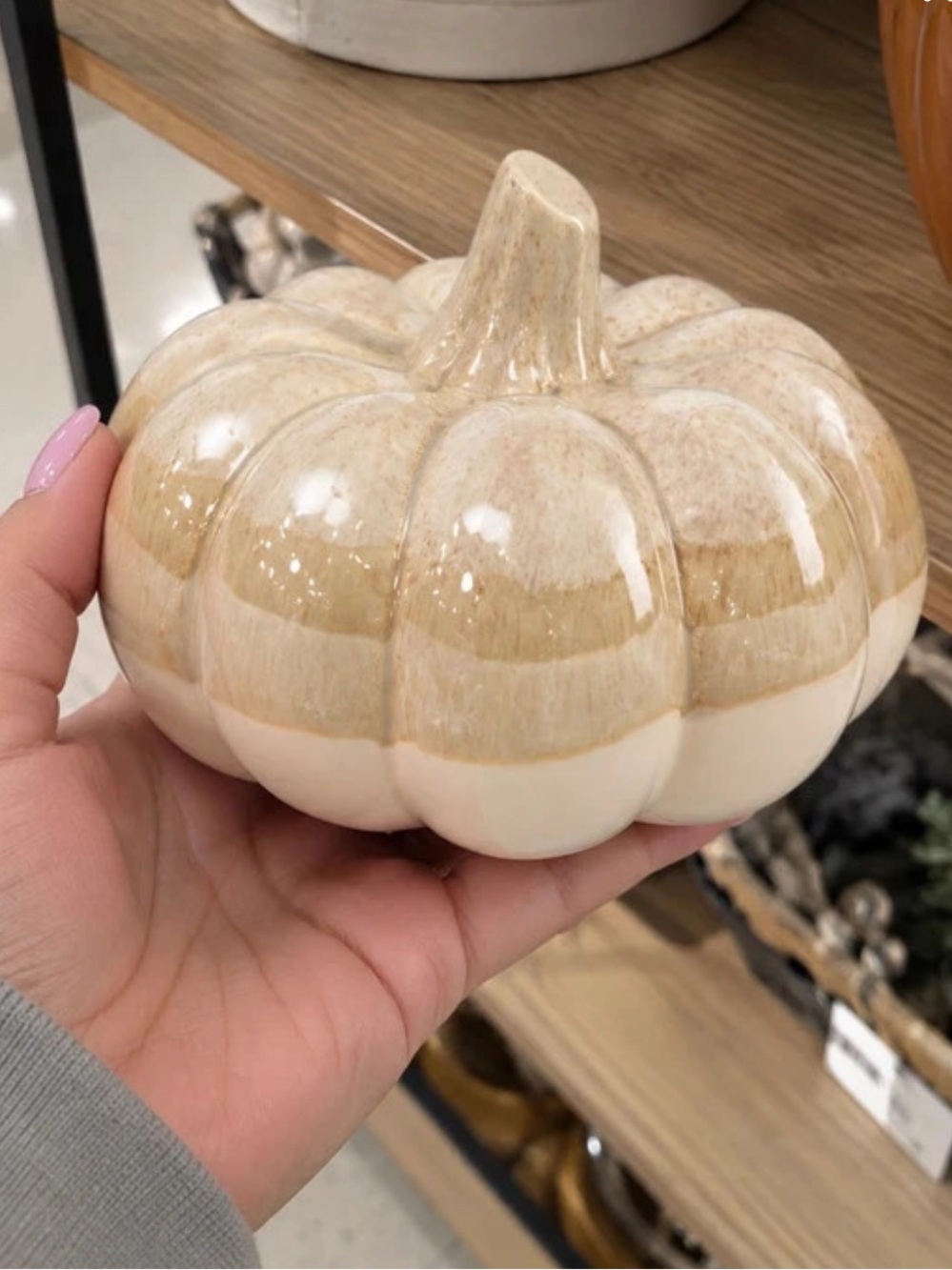 Glazed Ceramic Pumpkin - Cream and Tan Decorative Accent